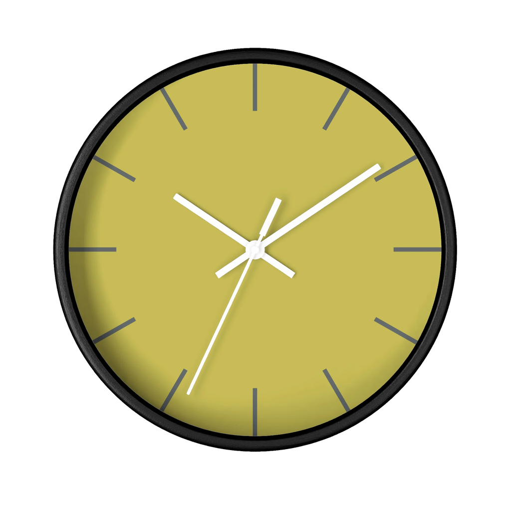 Dull gold yellow silent wall clock, black base, white hands, grey markers, 10 inch, front view.