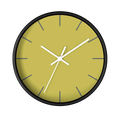 Dull gold yellow silent wall clock, black base, white hands, grey markers, 10 inch, front view.