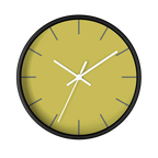 Dull gold yellow silent wall clock, black base, white hands, grey markers, 10 inch, front view.