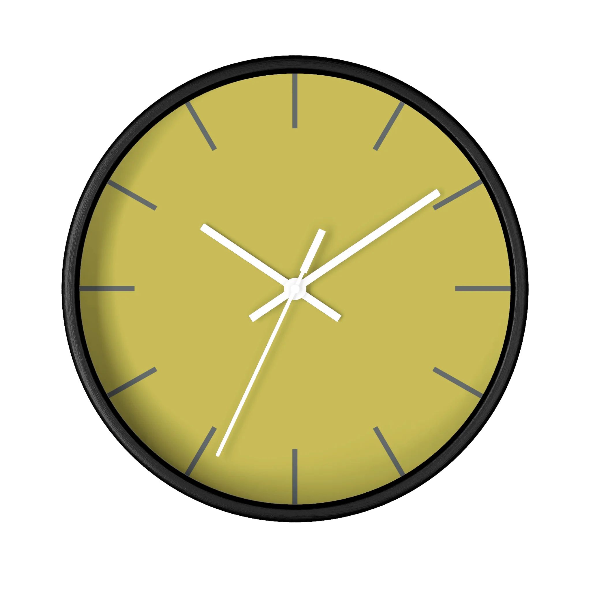 Dull gold yellow silent wall clock, black base, white hands, grey markers, 10 inch, front view.