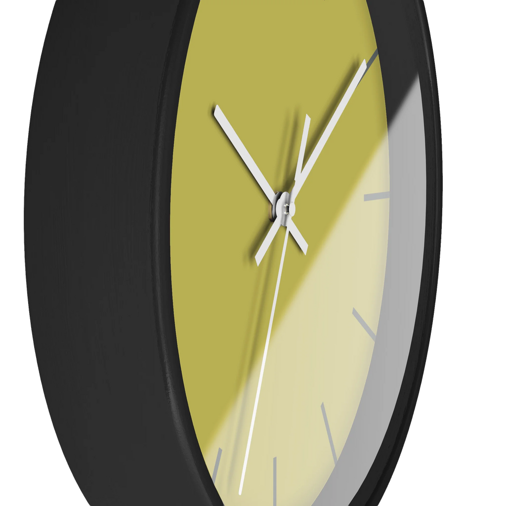 Dull gold yellow silent wall clock, black base, white hands, grey markers, 10 inch, side view.