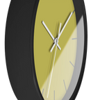 Dull gold yellow silent wall clock, black base, white hands, grey markers, 10 inch, side view.
