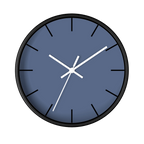 Dust blue silent wall clock, black base, black hands, white markers, 10 inch, front view.