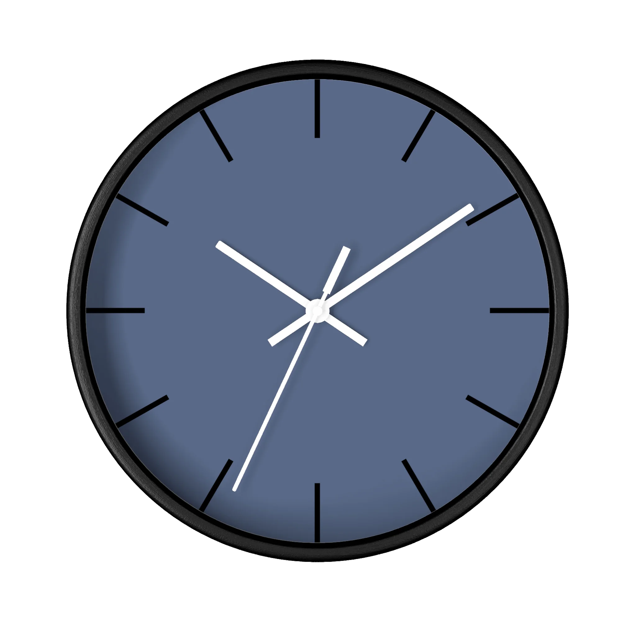 Dust blue silent wall clock, black base, black hands, white markers, 10 inch, front view.