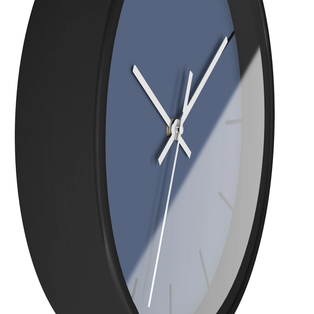 Dust blue silent wall clock, black base, black hands, white markers, 10 inch, side view.