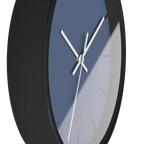 Dust blue silent wall clock, black base, black hands, white markers, 10 inch, side view.