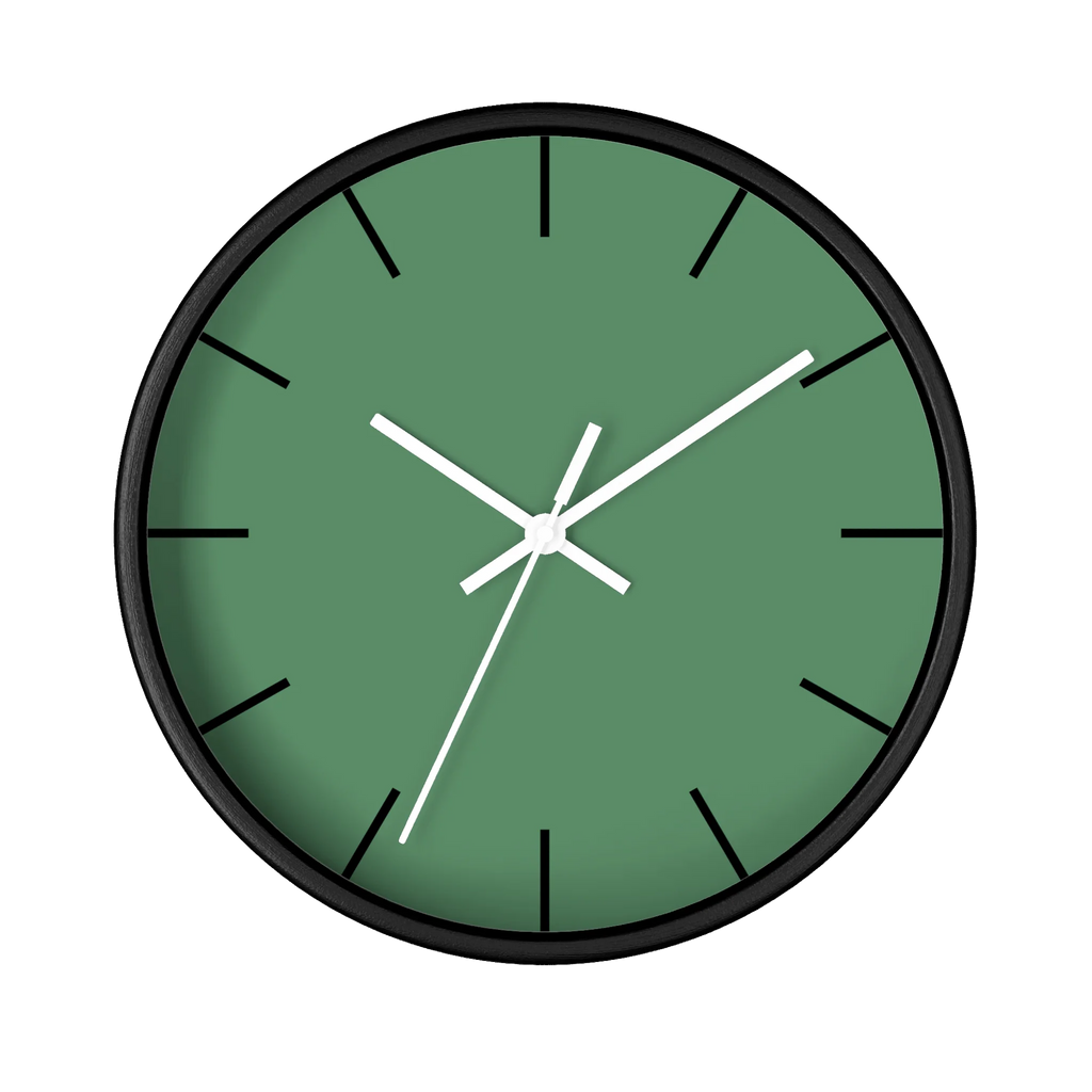 Dust green silent wall clock, black base, white hands, black markers, 10 inch, front view.