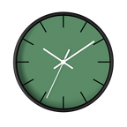 Dust green silent wall clock, black base, white hands, black markers, 10 inch, front view.