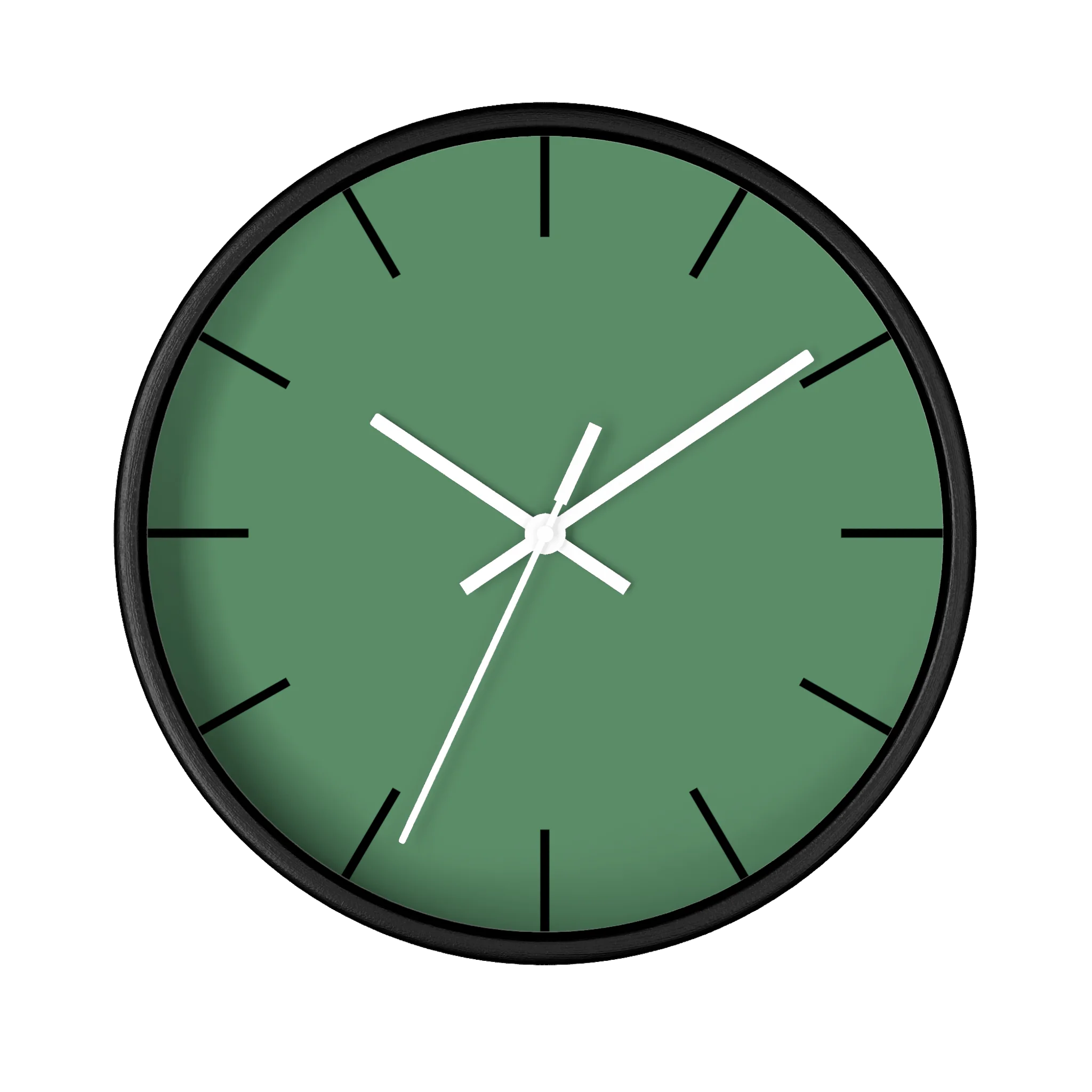 Dust green silent wall clock, black base, white hands, black markers, 10 inch, front view.
