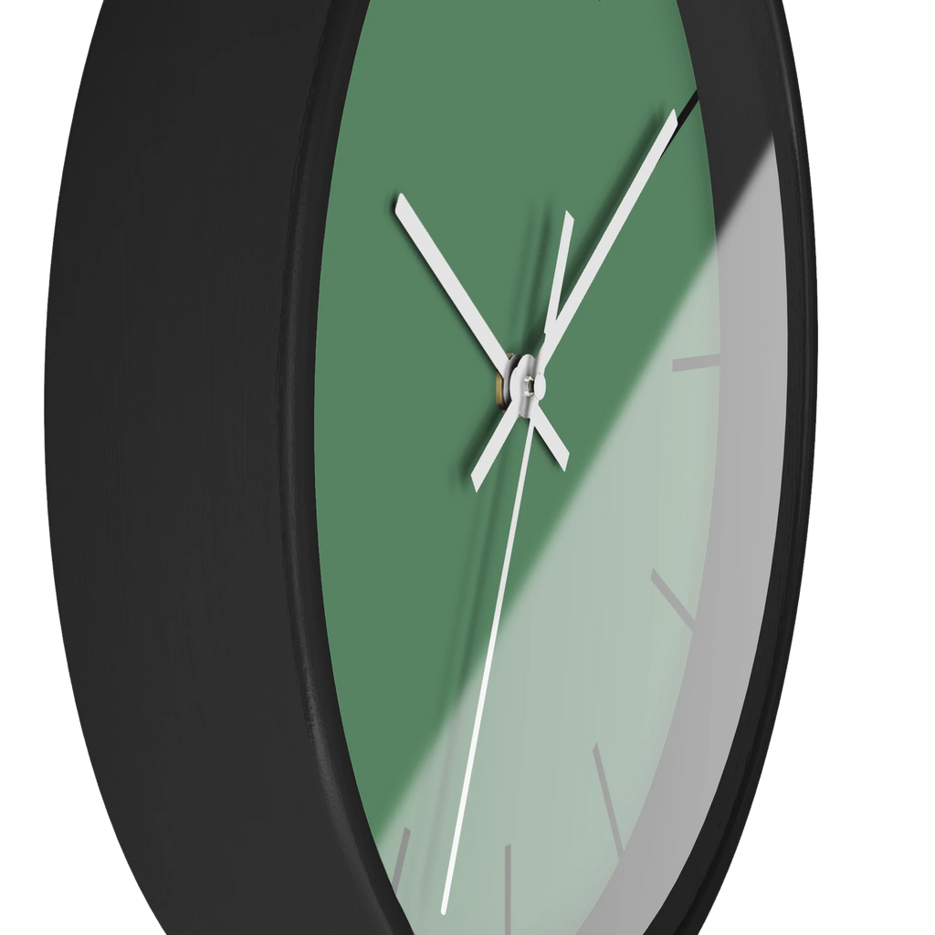 Dust green silent wall clock, black base, white hands, black markers, 10 inch, side view.