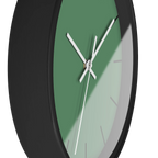 Dust green silent wall clock, black base, white hands, black markers, 10 inch, side view.