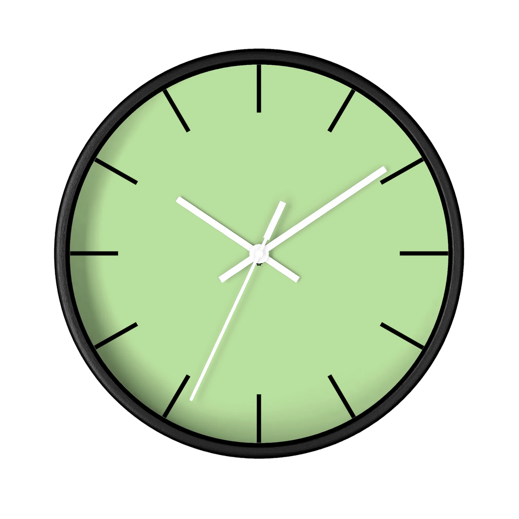 Fresh green mint silent wall clock, black base, white hands, black markers, 10 inch, front view.
