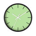 Fresh green mint silent wall clock, black base, white hands, black markers, 10 inch, front view.