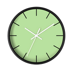 Fresh green mint silent wall clock, black base, white hands, black markers, 10 inch, front view.