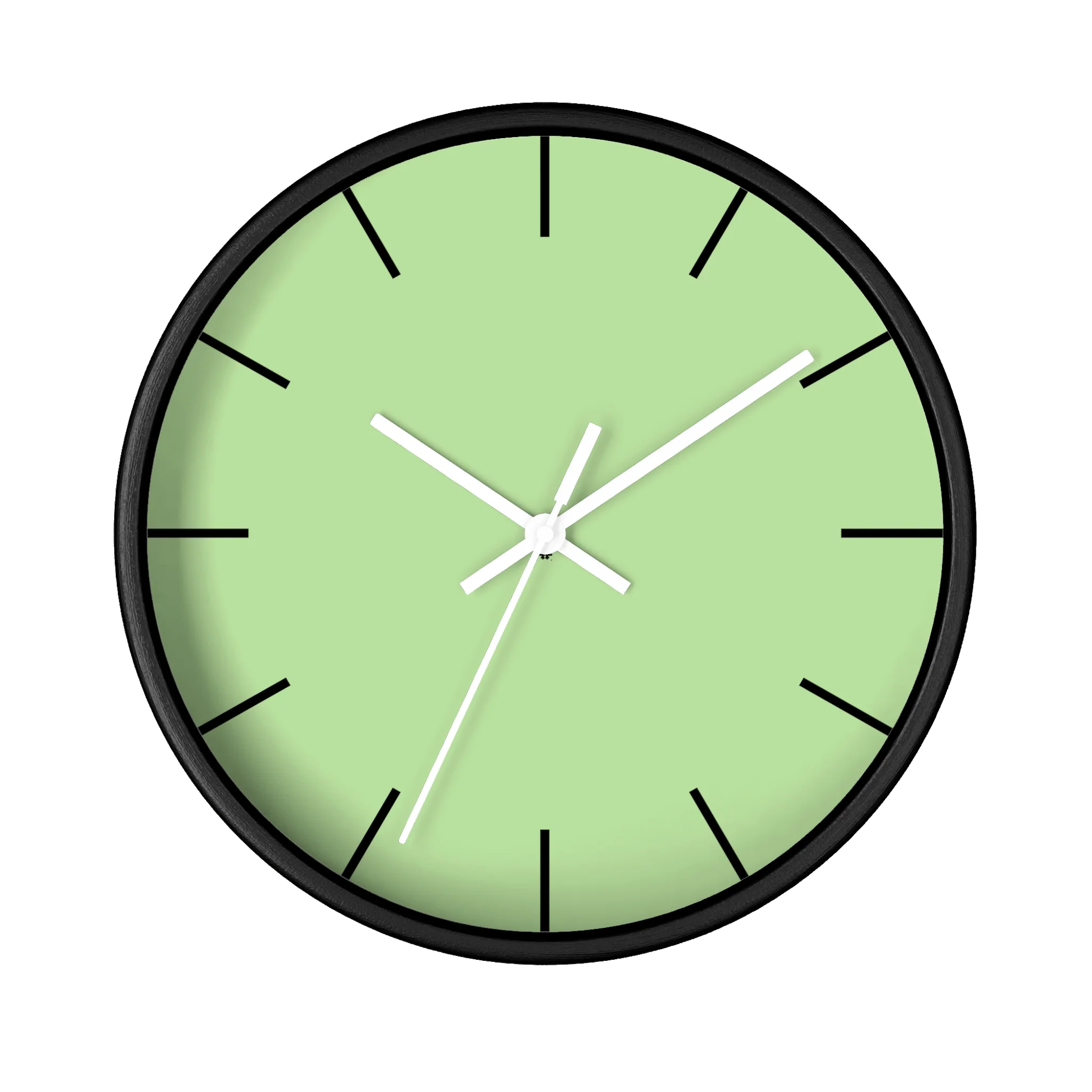 Fresh green mint silent wall clock, black base, white hands, black markers, 10 inch, front view.