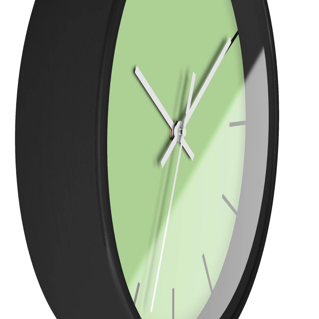 Fresh green mint silent wall clock, black base, white hands, black markers, 10 inch, side view.
