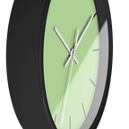 Fresh green mint silent wall clock, black base, white hands, black markers, 10 inch, side view.
