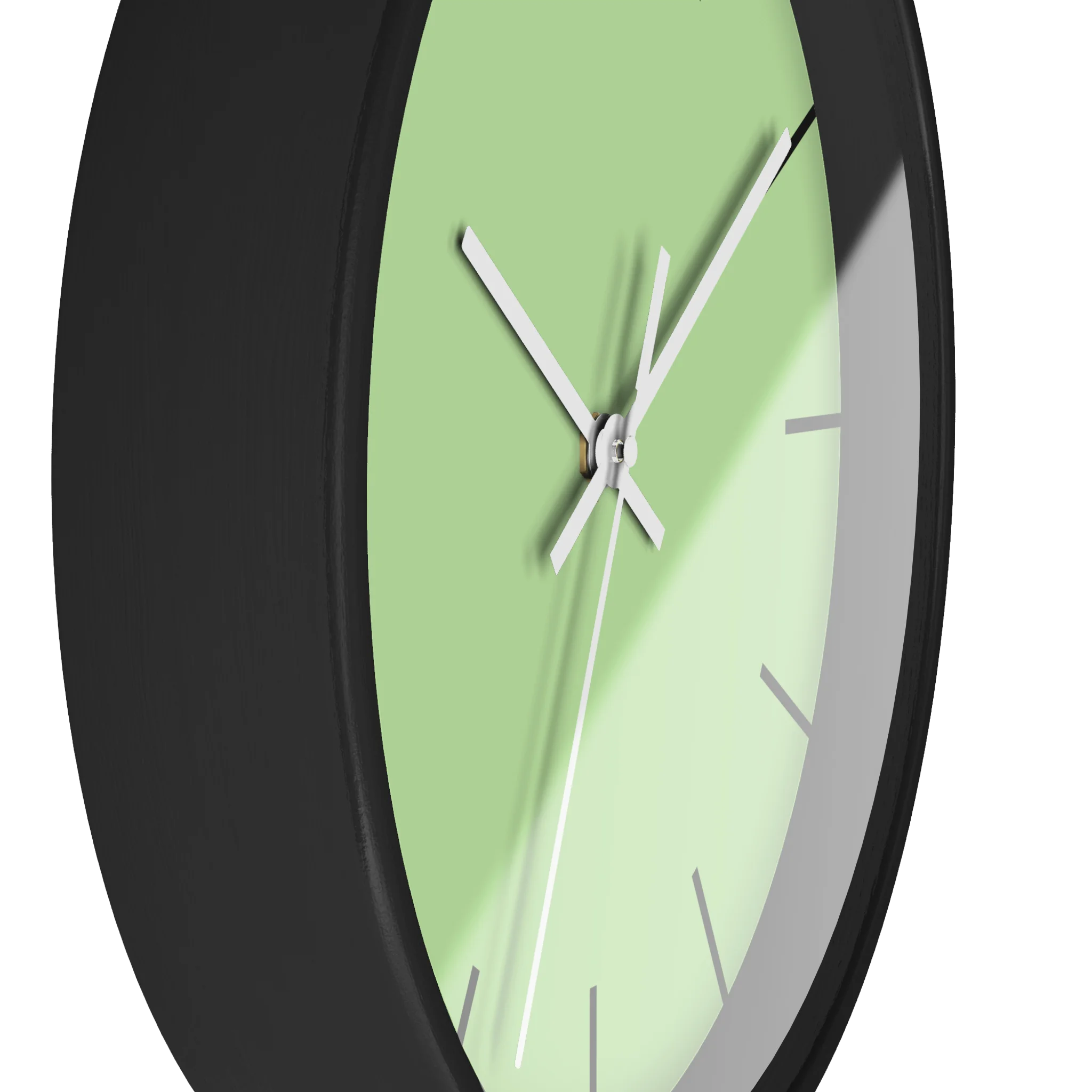 Fresh green mint silent wall clock, black base, white hands, black markers, 10 inch, side view.