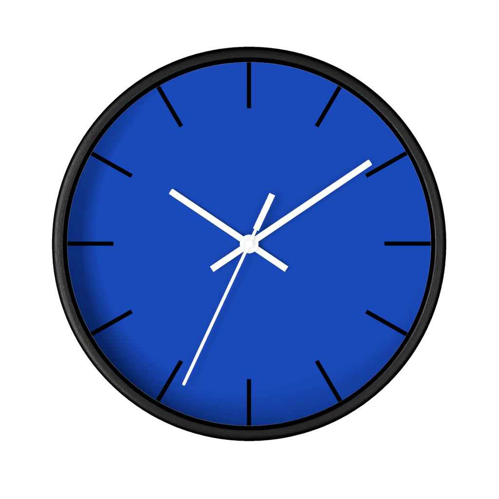 Funky Blue silent wall clock, black base, white hands, black markers, 10 inch, front view.