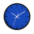 Funky Blue silent wall clock, black base, white hands, black markers, 10 inch, front view.