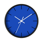 Funky Blue silent wall clock, black base, white hands, black markers, 10 inch, front view.