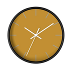 Gold ochre mustard silent wall clock, black base, white hands, light grey markers, 10 inch, front view.