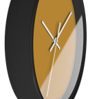 Gold ochre mustard silent wall clock, black base, white hands, light grey markers, 10 inch, side view.