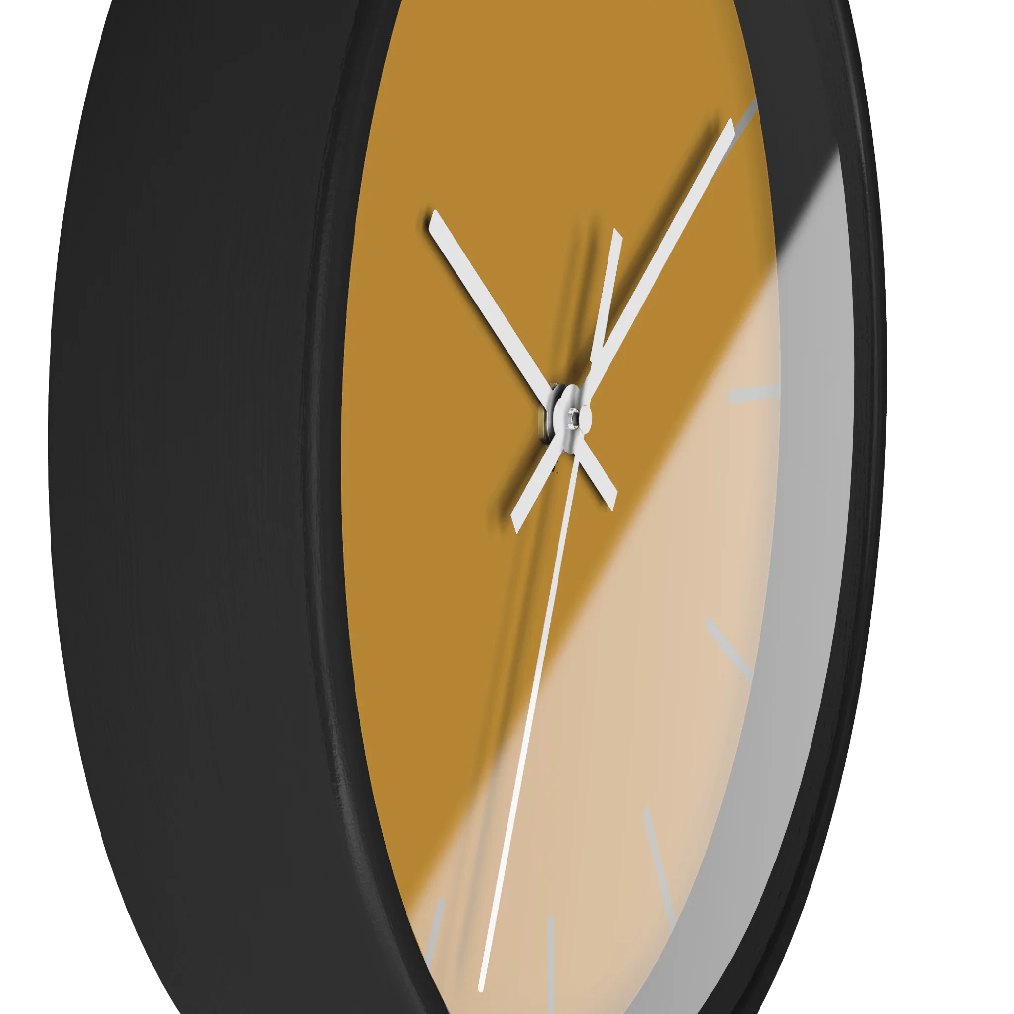 Gold ochre mustard silent wall clock, black base, white hands, light grey markers, 10 inch, side view.