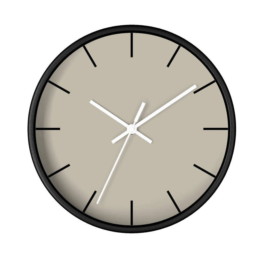 Ivory grey beige silent wall clock, black base, white hands, black markers, 10 inch, front view.