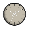 Ivory grey beige silent wall clock, black base, white hands, black markers, 10 inch, front view.