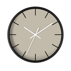 Ivory grey beige silent wall clock, black base, white hands, black markers, 10 inch, front view.