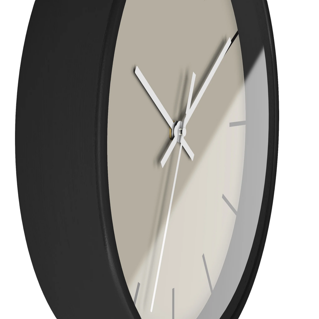 Ivory grey beige silent wall clock, black base, white hands, black markers, 10 inch, side view.
