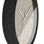 Ivory grey beige silent wall clock, black base, white hands, black markers, 10 inch, side view.