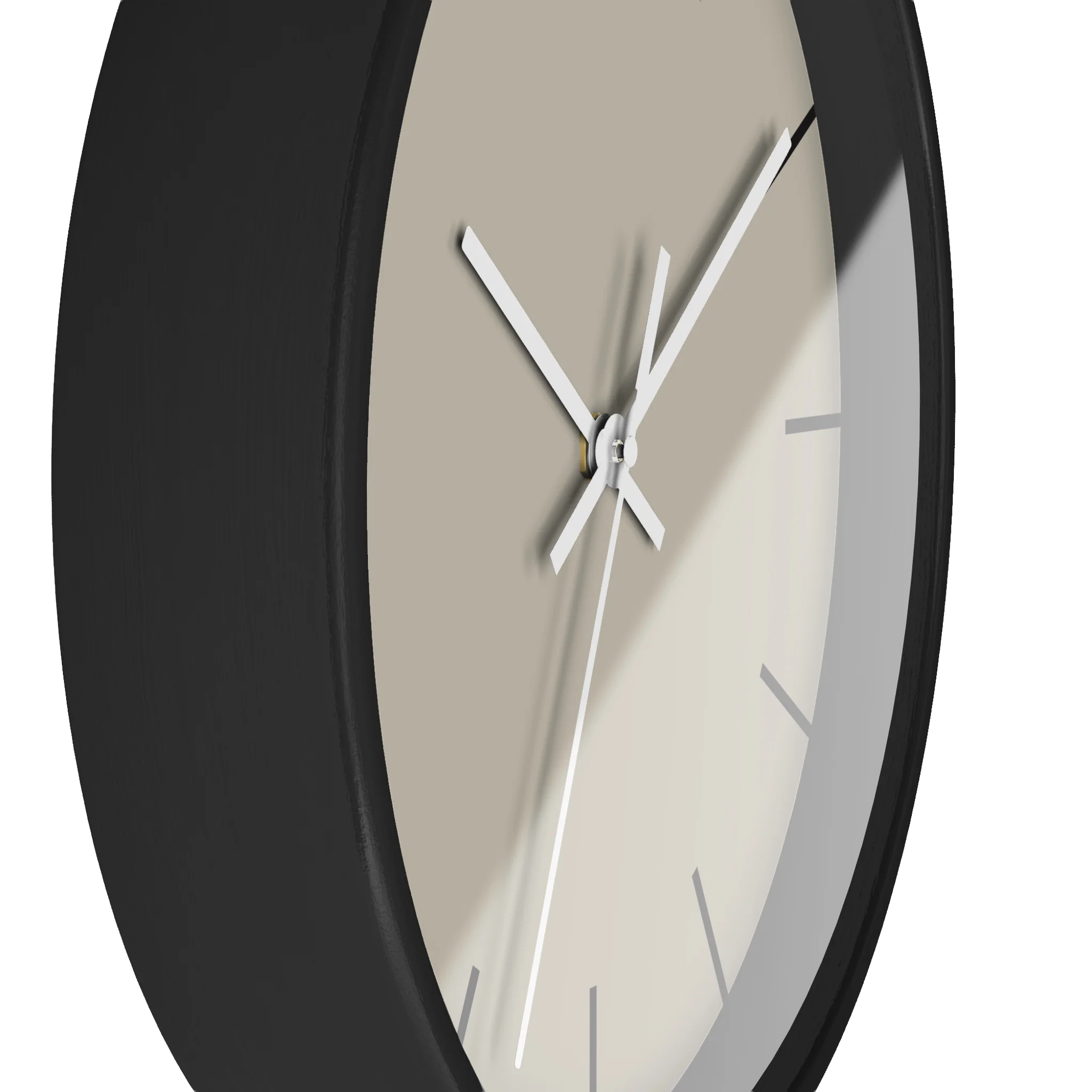 Ivory grey beige silent wall clock, black base, white hands, black markers, 10 inch, side view.