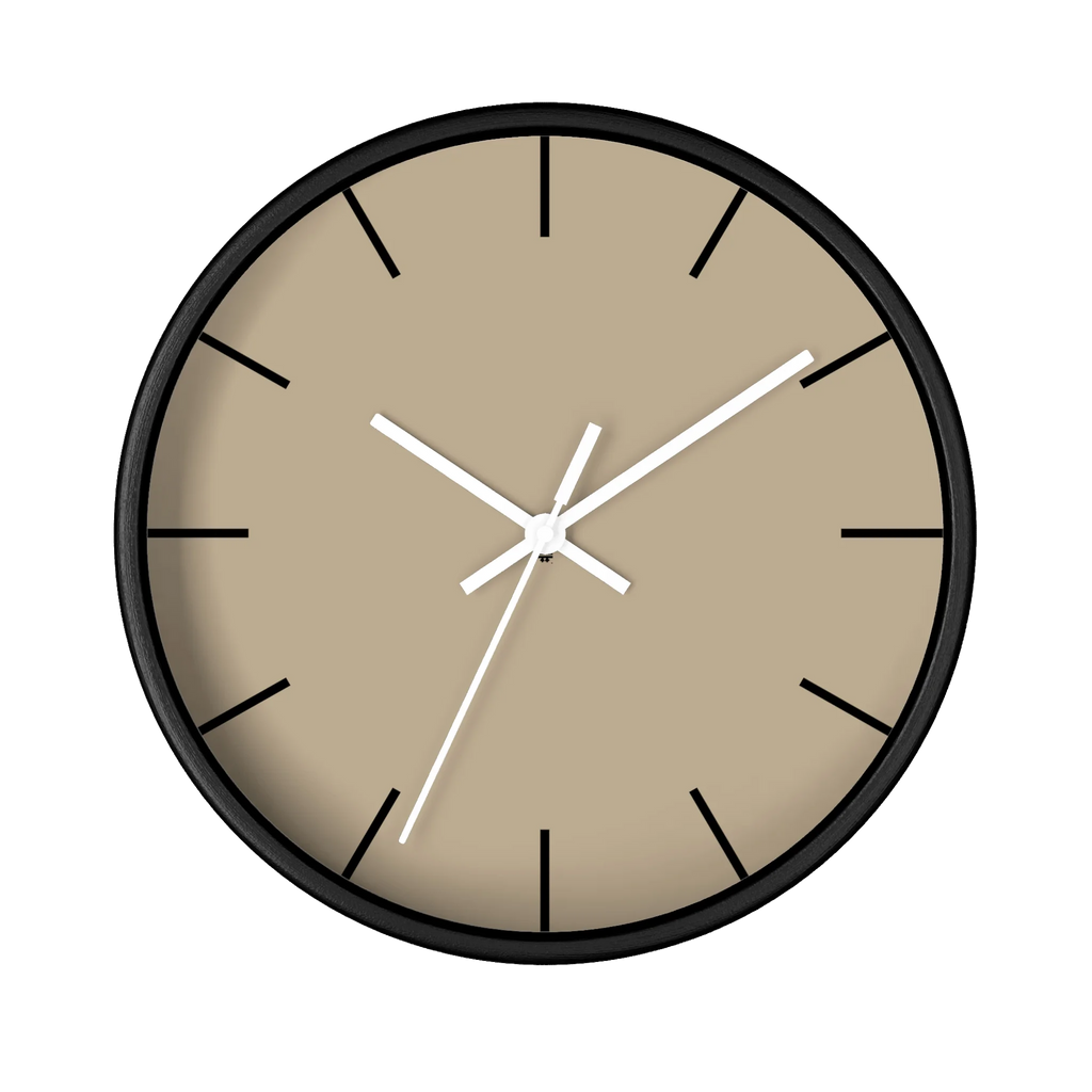 Beige jute silent wall clock, black base, white hands, black markers, 10 inch, front view.