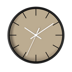 Beige jute silent wall clock, black base, white hands, black markers, 10 inch, front view.