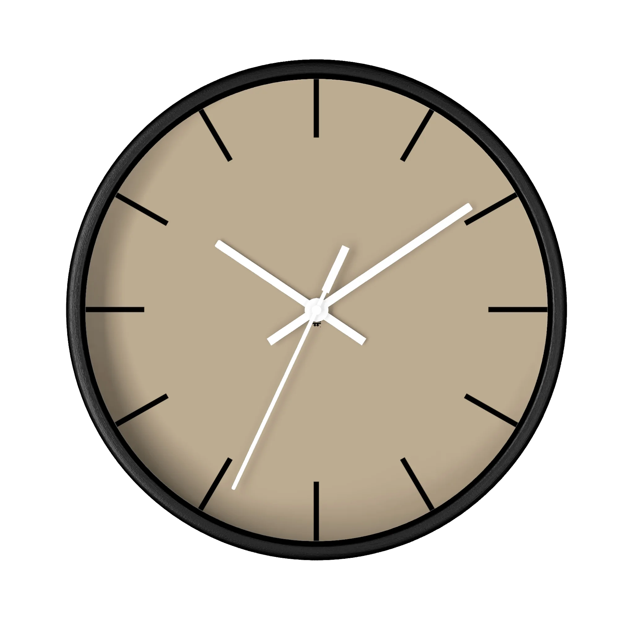 Beige jute silent wall clock, black base, white hands, black markers, 10 inch, front view.