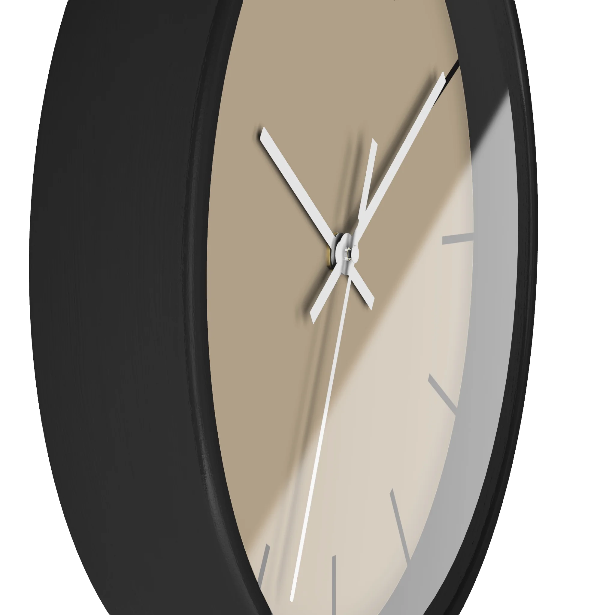 Beige jute silent wall clock, black base, white hands, black markers, 10 inch, side view.