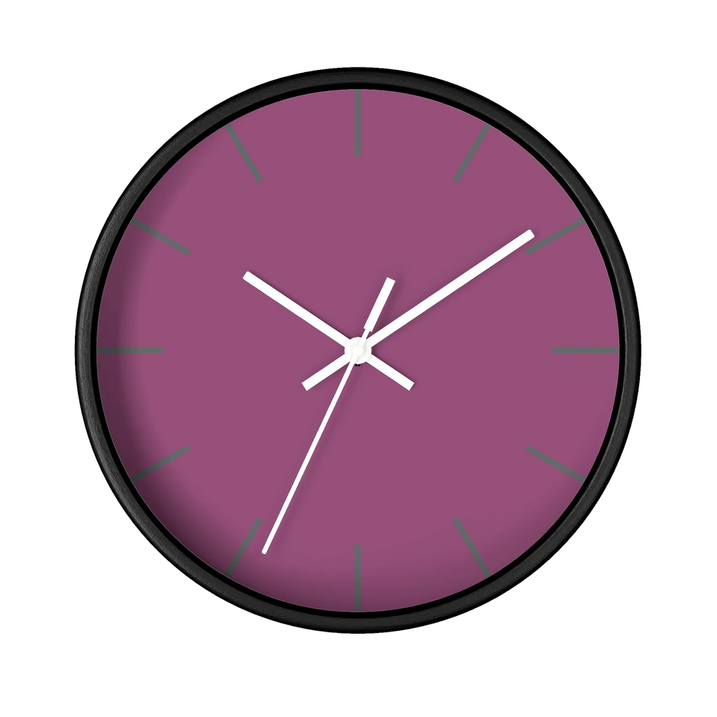 Lavender red plum silent wall clock, black base, white hands, grey markers, 10 inch, front view.