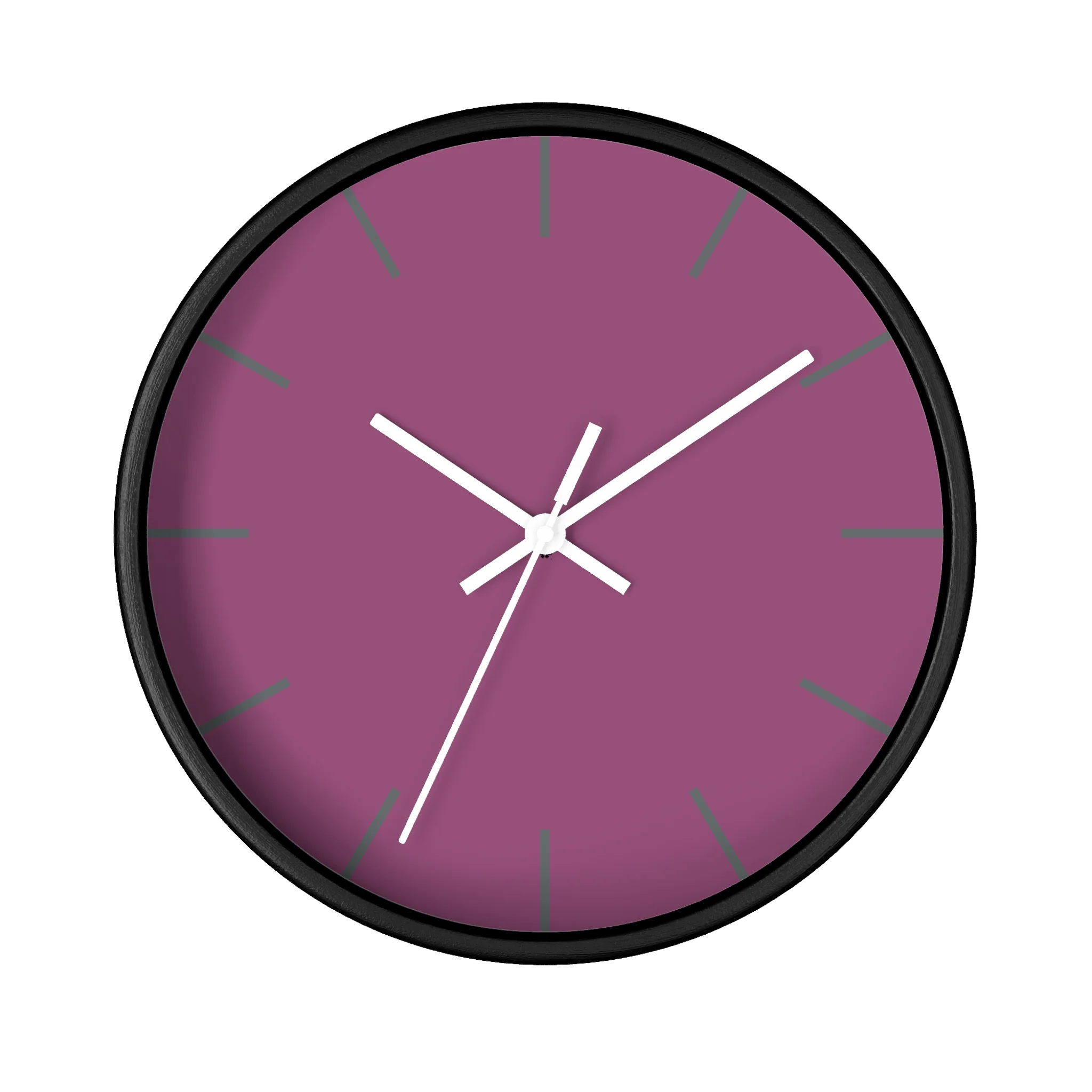 Lavender red plum silent wall clock, black base, white hands, grey markers, 10 inch, front view.