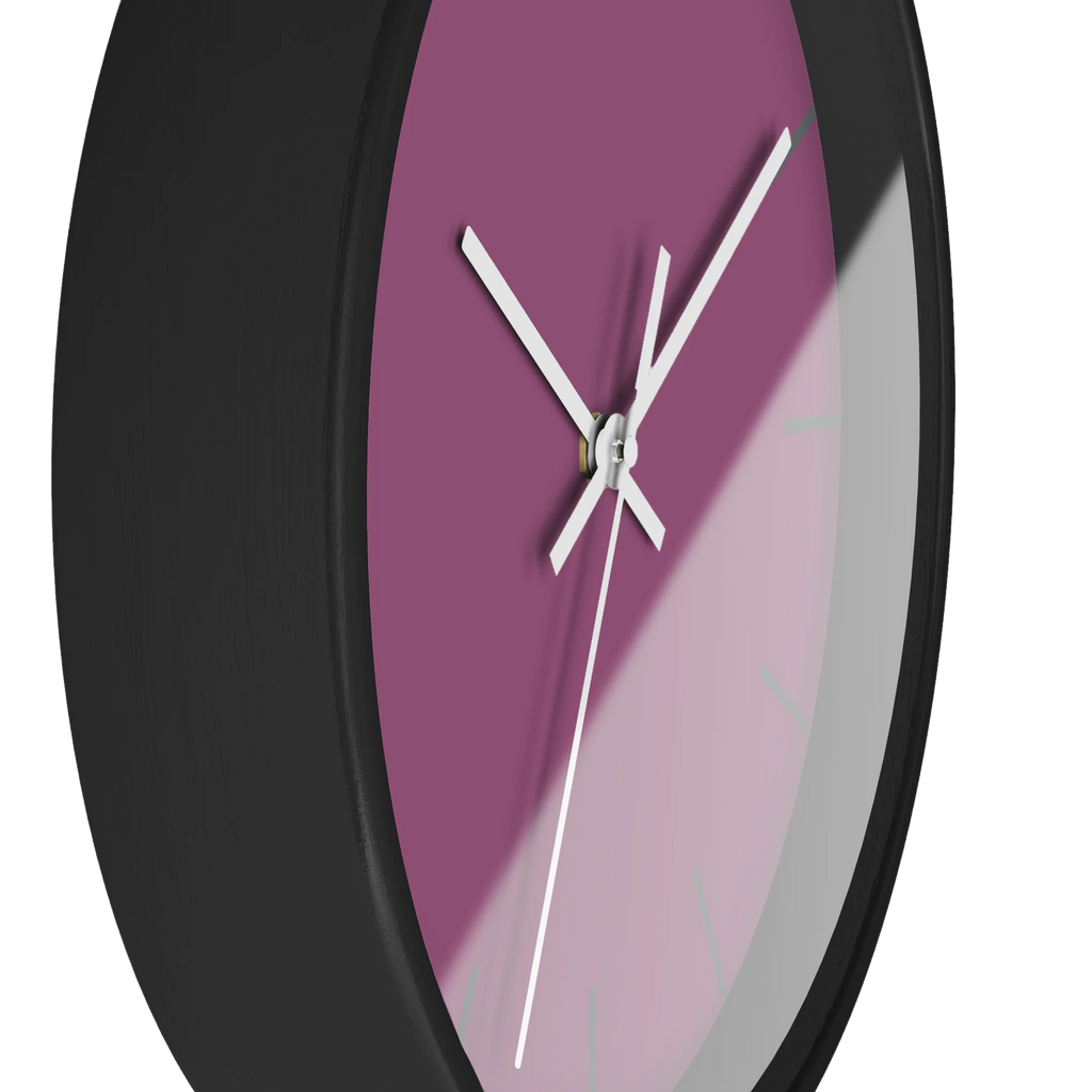 Lavender red plum silent wall clock, black base, white hands, grey markers, 10 inch, side view.