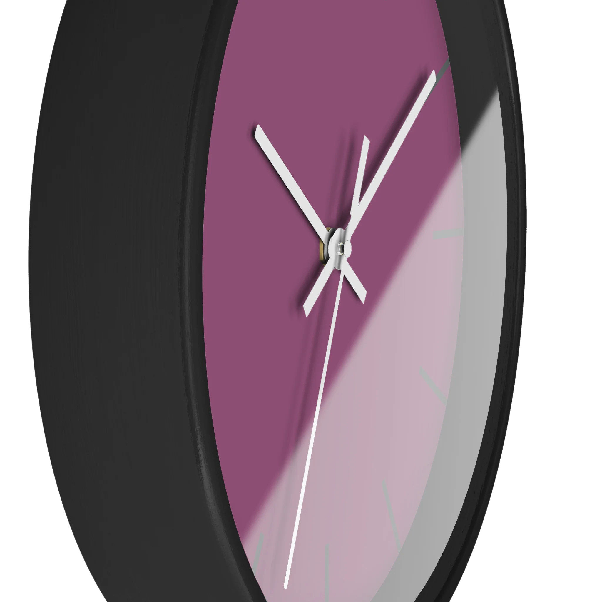 Lavender red plum silent wall clock, black base, white hands, grey markers, 10 inch, side view.