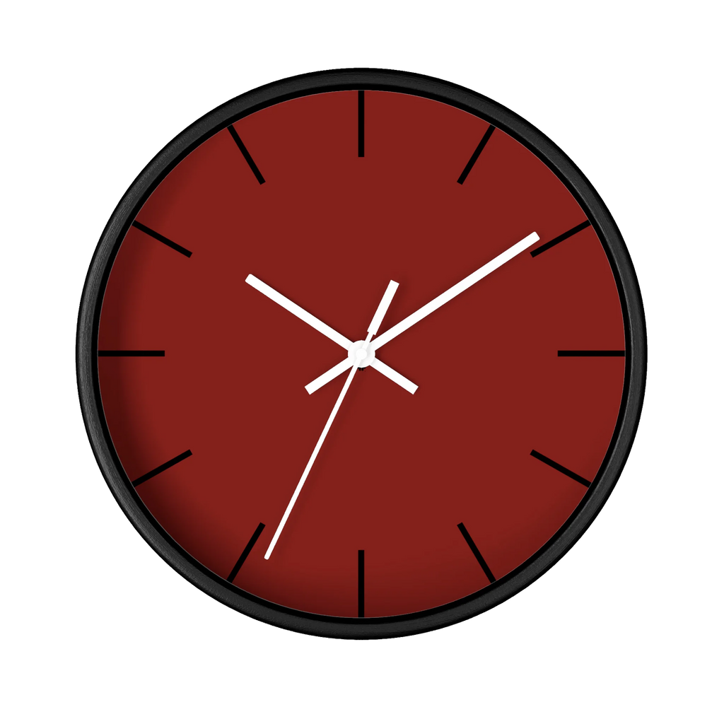 Maroon bloodstone red silent wall clock, black base, white hands, black markers, 10 inch, front view.