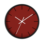 Maroon bloodstone red silent wall clock, black base, white hands, black markers, 10 inch, front view.