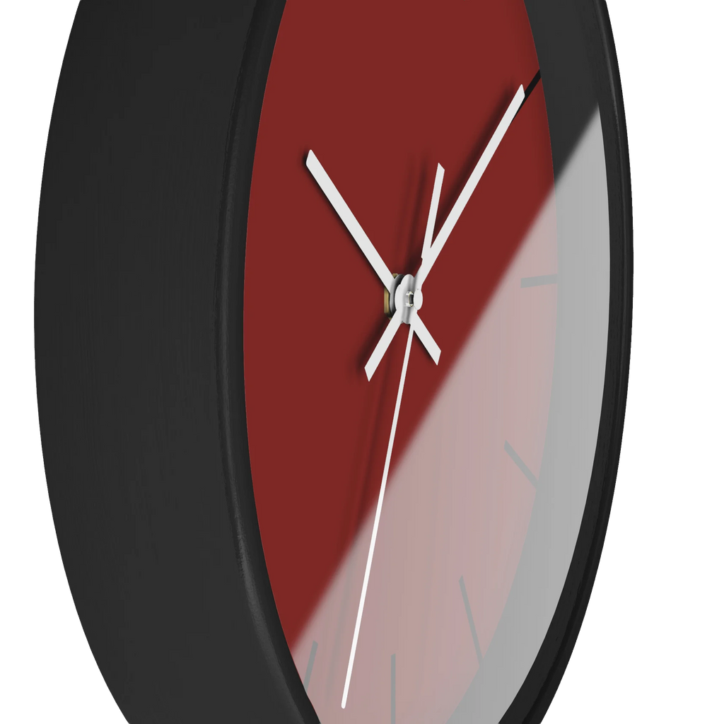 Maroon bloodstone red silent wall clock, black base, white hands, black markers, 10 inch, side view.