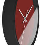 Maroon bloodstone red silent wall clock, black base, white hands, black markers, 10 inch, side view.