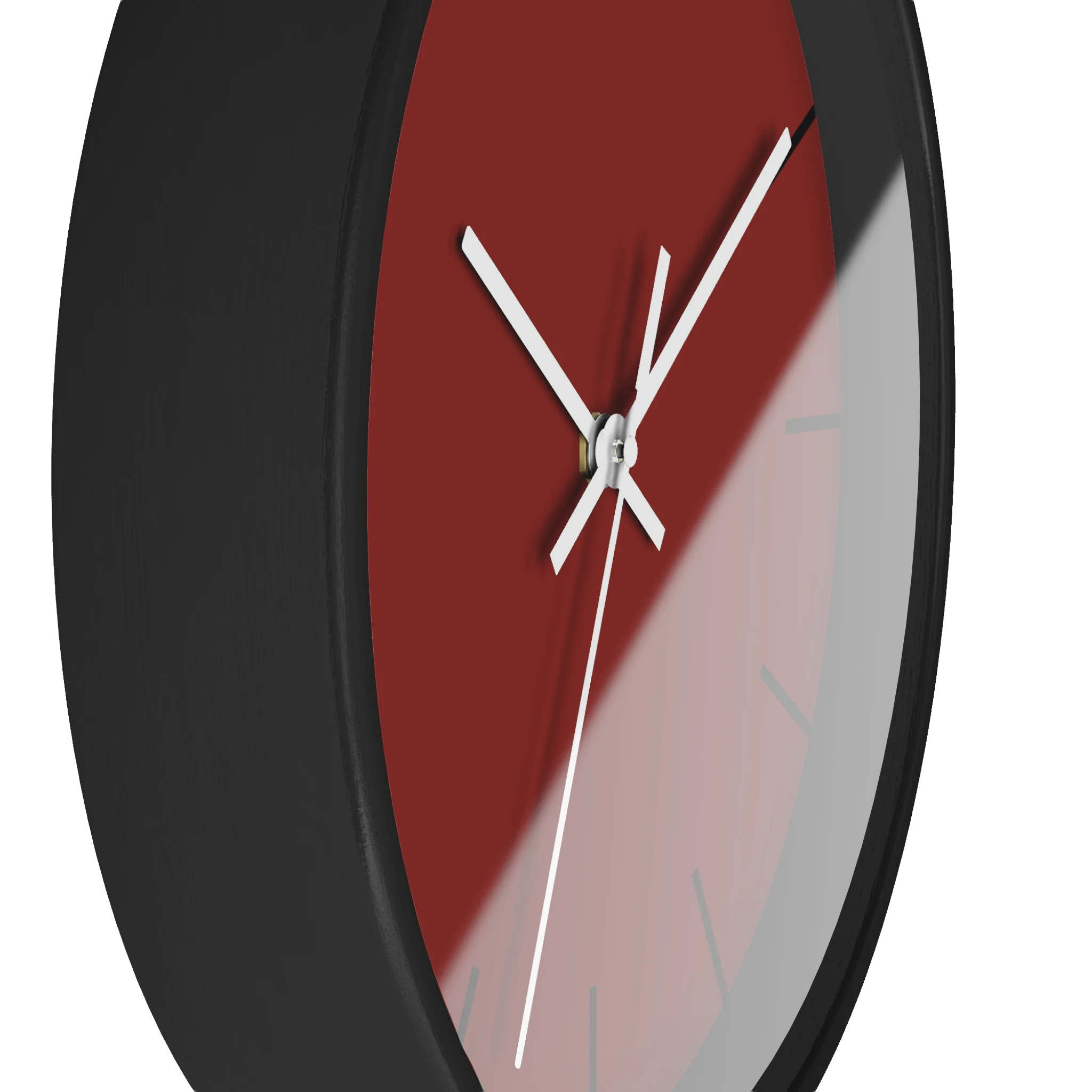 Maroon bloodstone red silent wall clock, black base, white hands, black markers, 10 inch, side view.