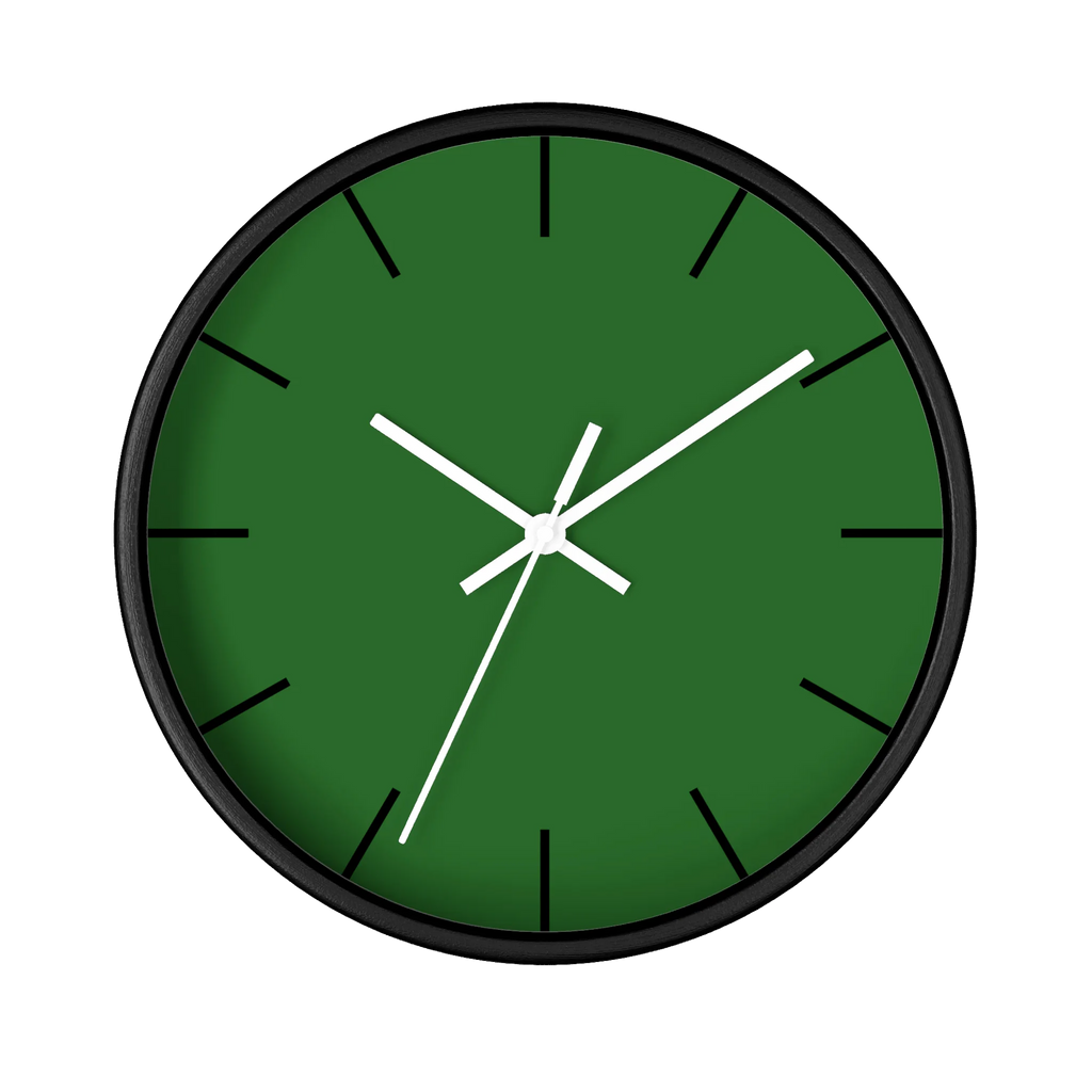 Mughal green silent wall clock, black base, white hands, black markers, 10 inch, front view.