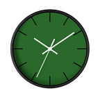 Mughal green silent wall clock, black base, white hands, black markers, 10 inch, front view.