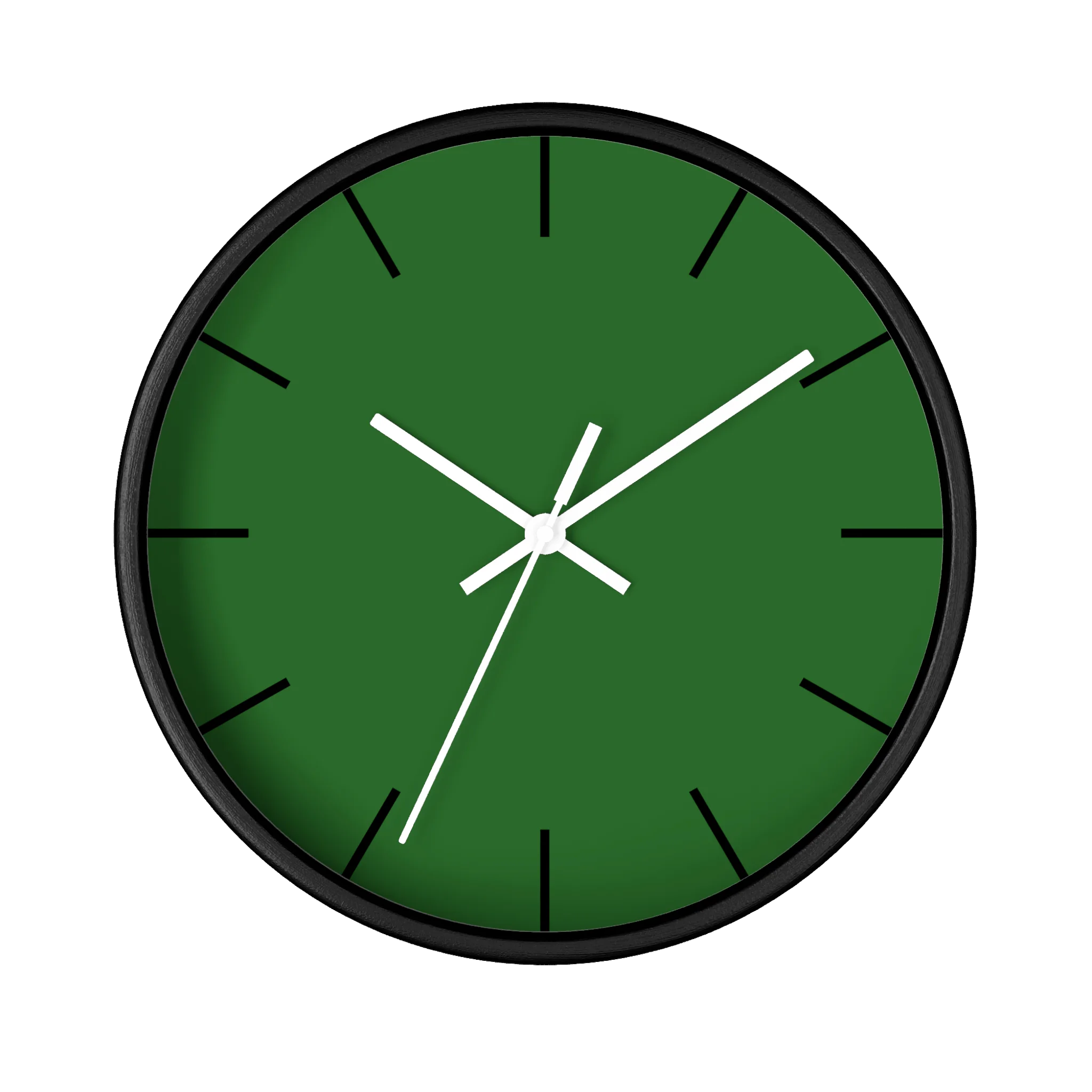 Mughal green silent wall clock, black base, white hands, black markers, 10 inch, front view.
